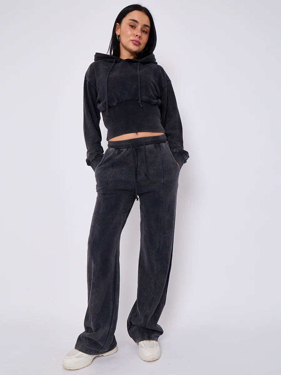 acid wash high waist hoodie jogger tracksuit charcoal