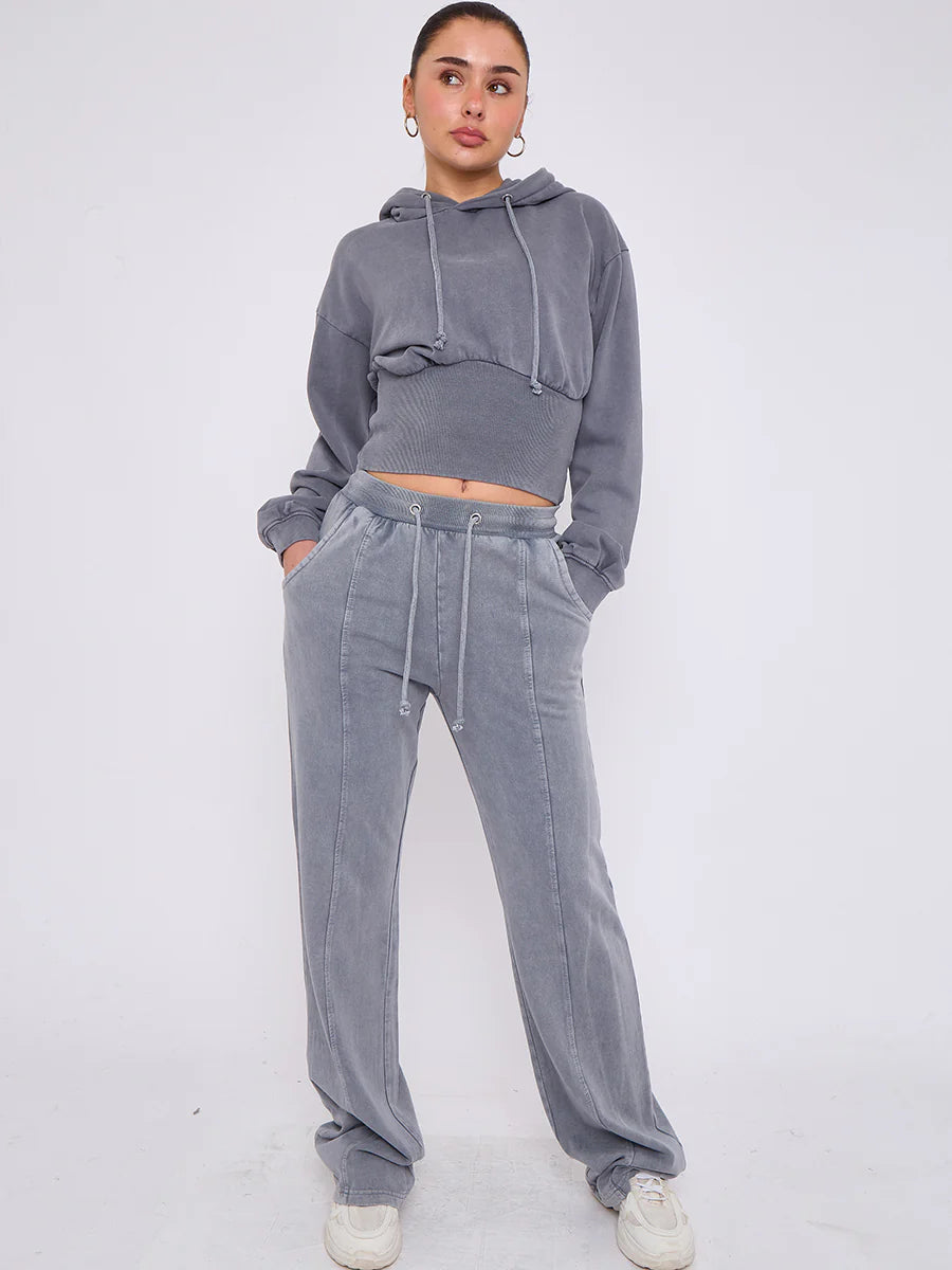 acid wash high waist hoodie jogger tracksuit silver