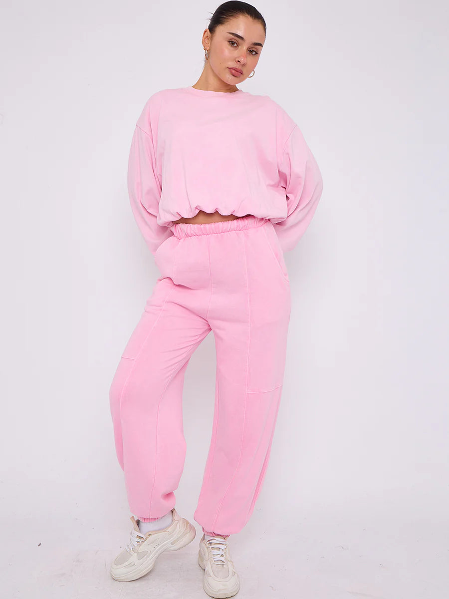 acid wash sweatshirt jogger bubble hem tracksuit pink