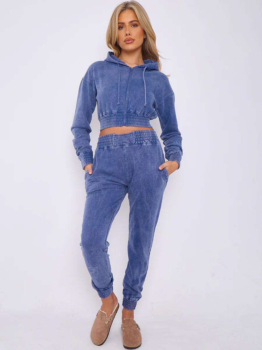 acid wash zip up cropped hoodie jogger fleece tracksuit blue