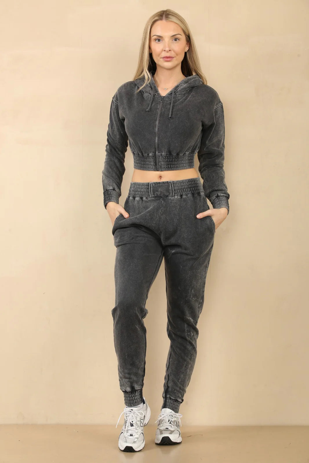 acid wash zip up cropped hoodie jogger fleece tracksuit charcoal alternate