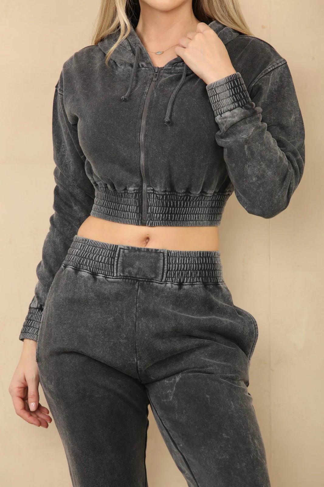 acid wash zip up cropped hoodie jogger fleece tracksuit charcoal close