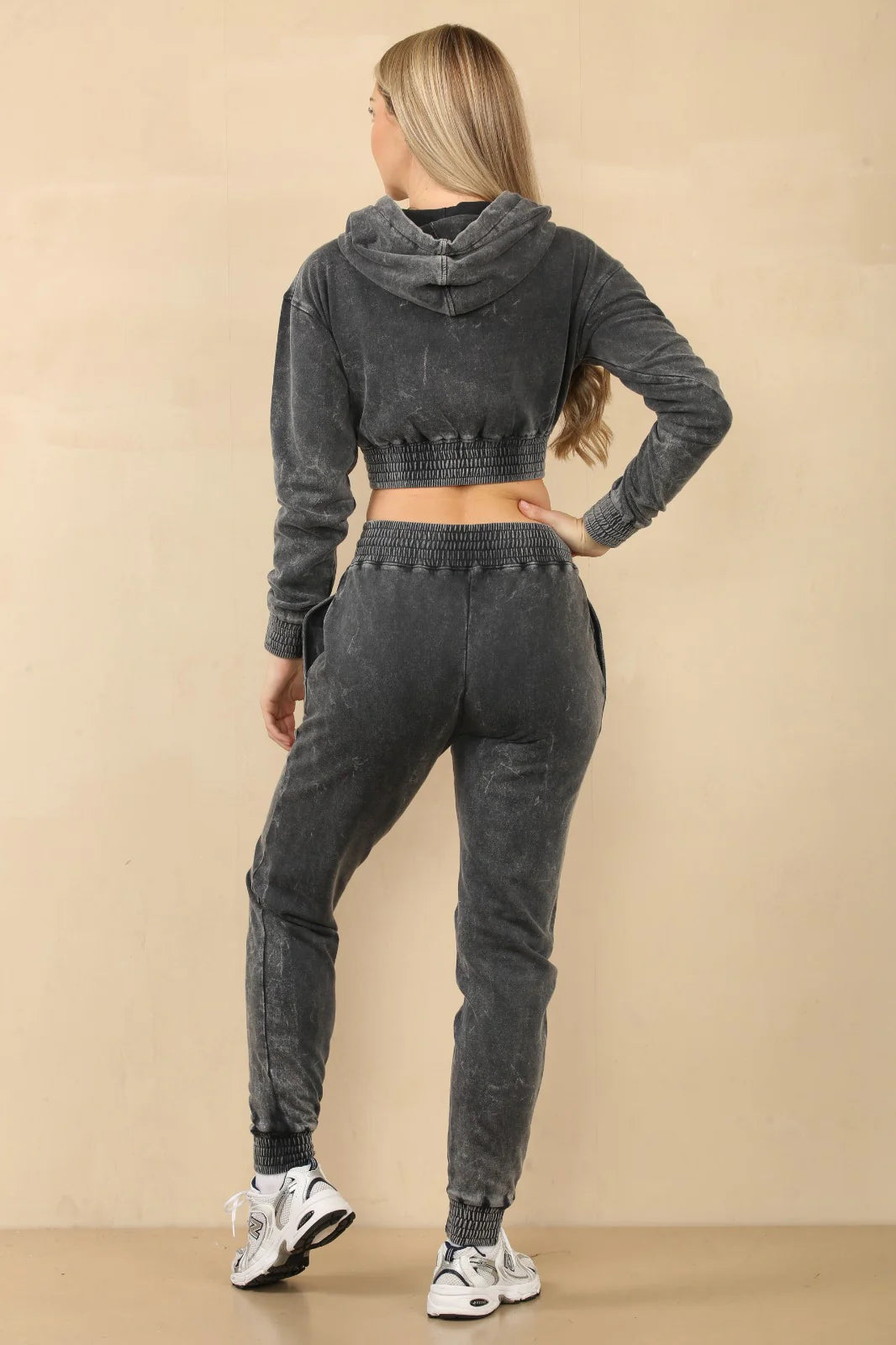 acid wash zip up cropped hoodie jogger fleece tracksuit charcoal rear