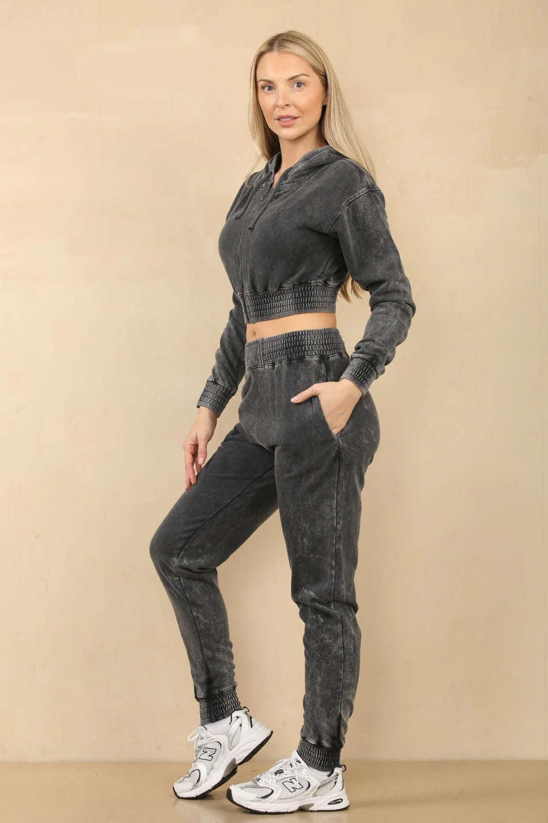 acid wash zip up cropped hoodie jogger fleece tracksuit charcoal side