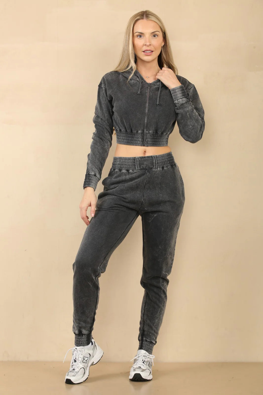 acid wash zip up cropped hoodie jogger fleece tracksuit charcoal