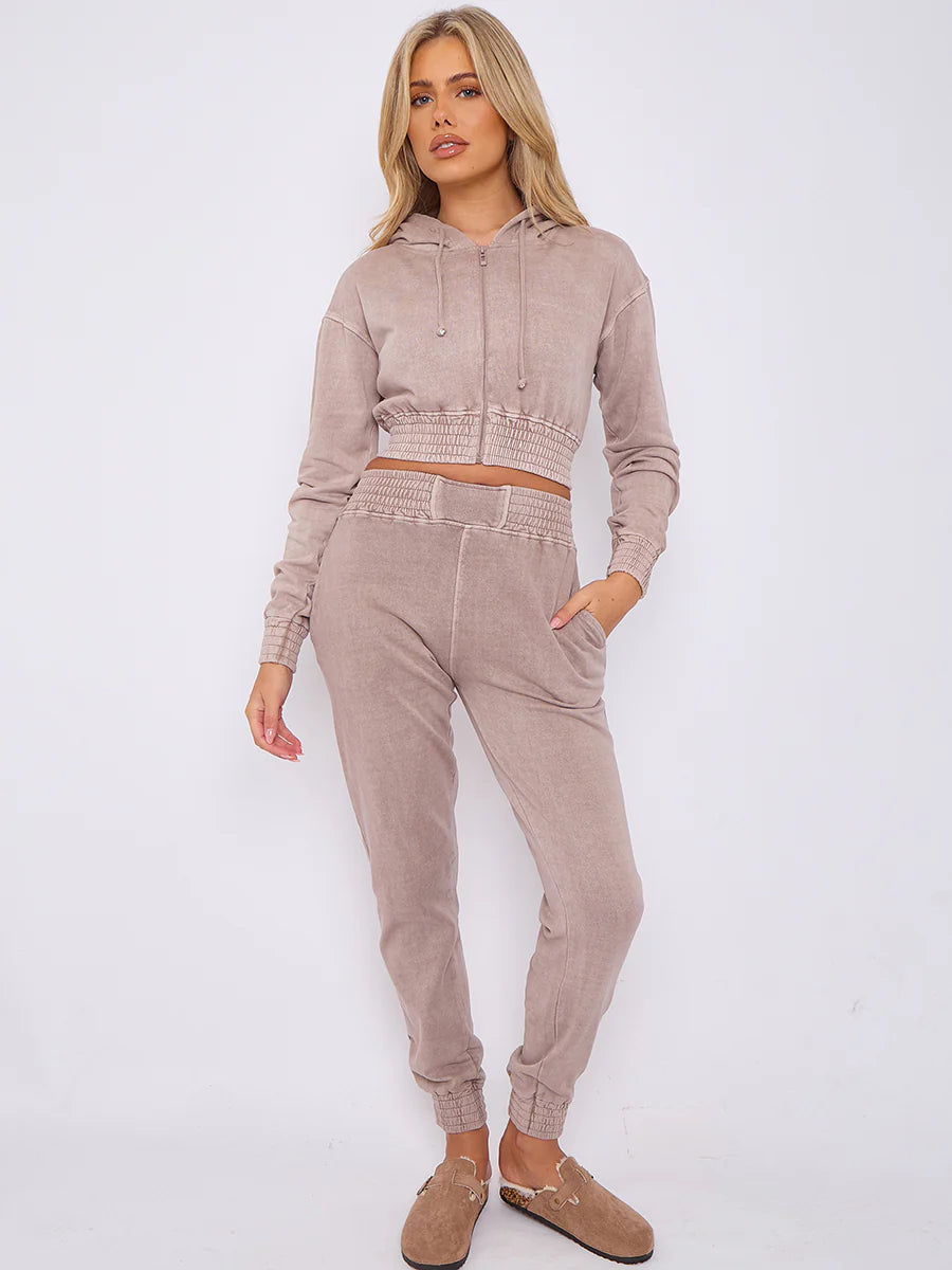 acid wash zip up cropped hoodie jogger fleece tracksuit dove grey