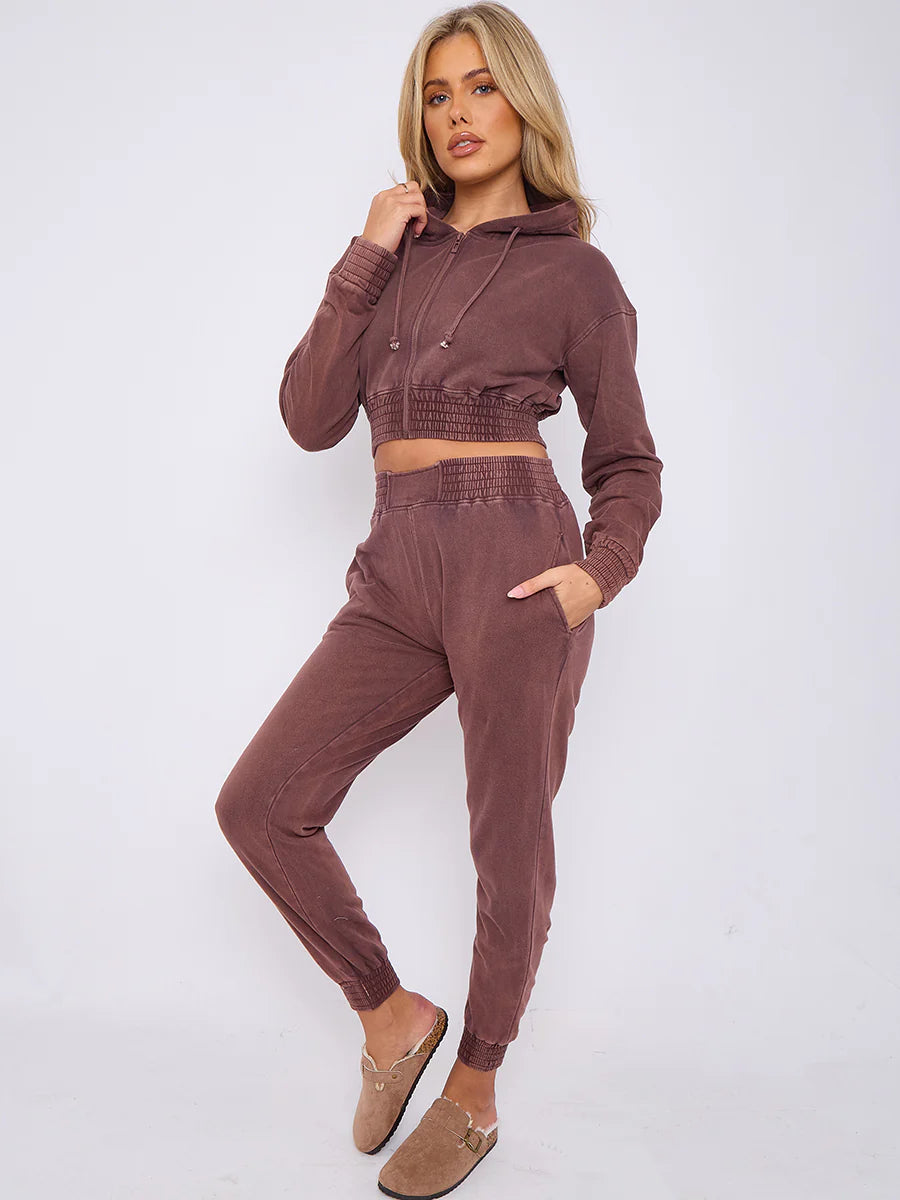 acid wash zip up cropped hoodie jogger fleece tracksuit light chocolate