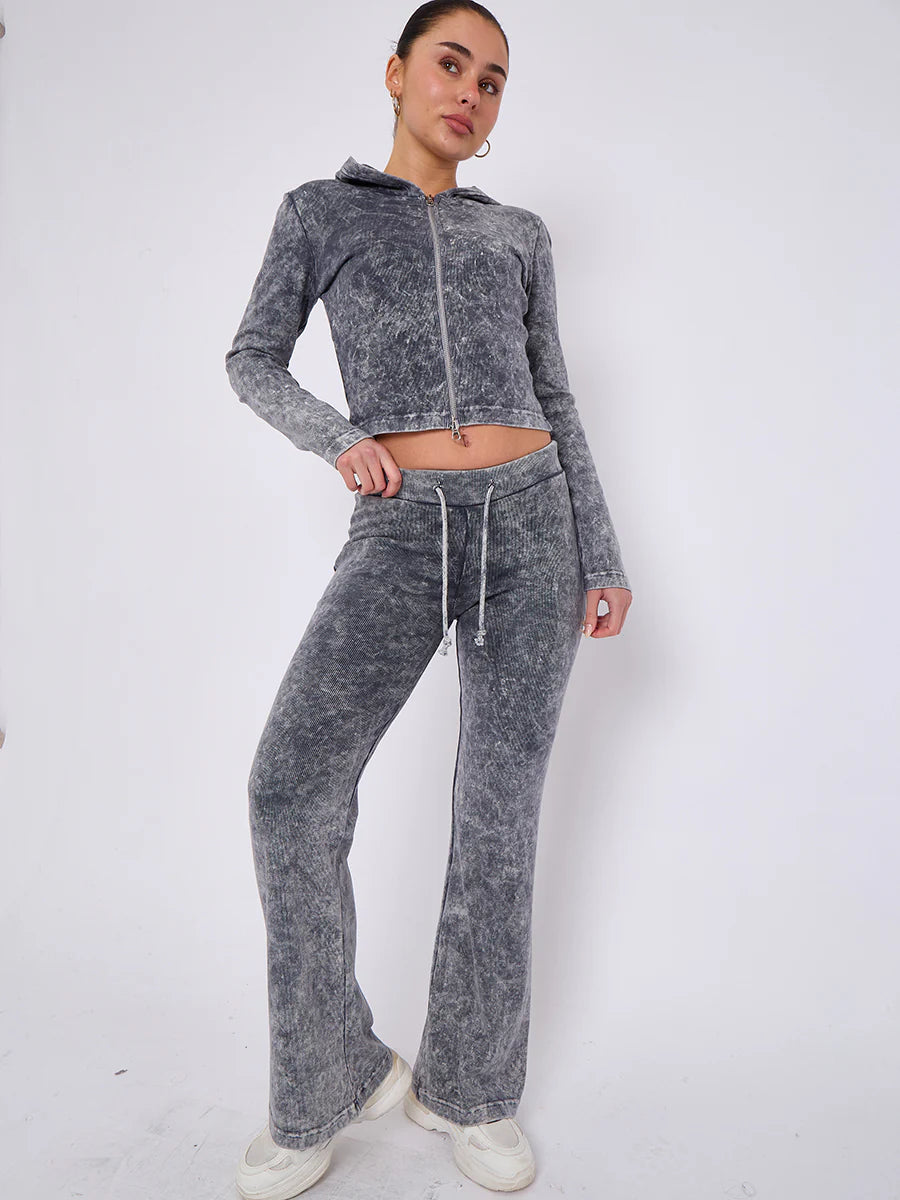 acid wash zip up hood ribbed flared trouser set grey alternate