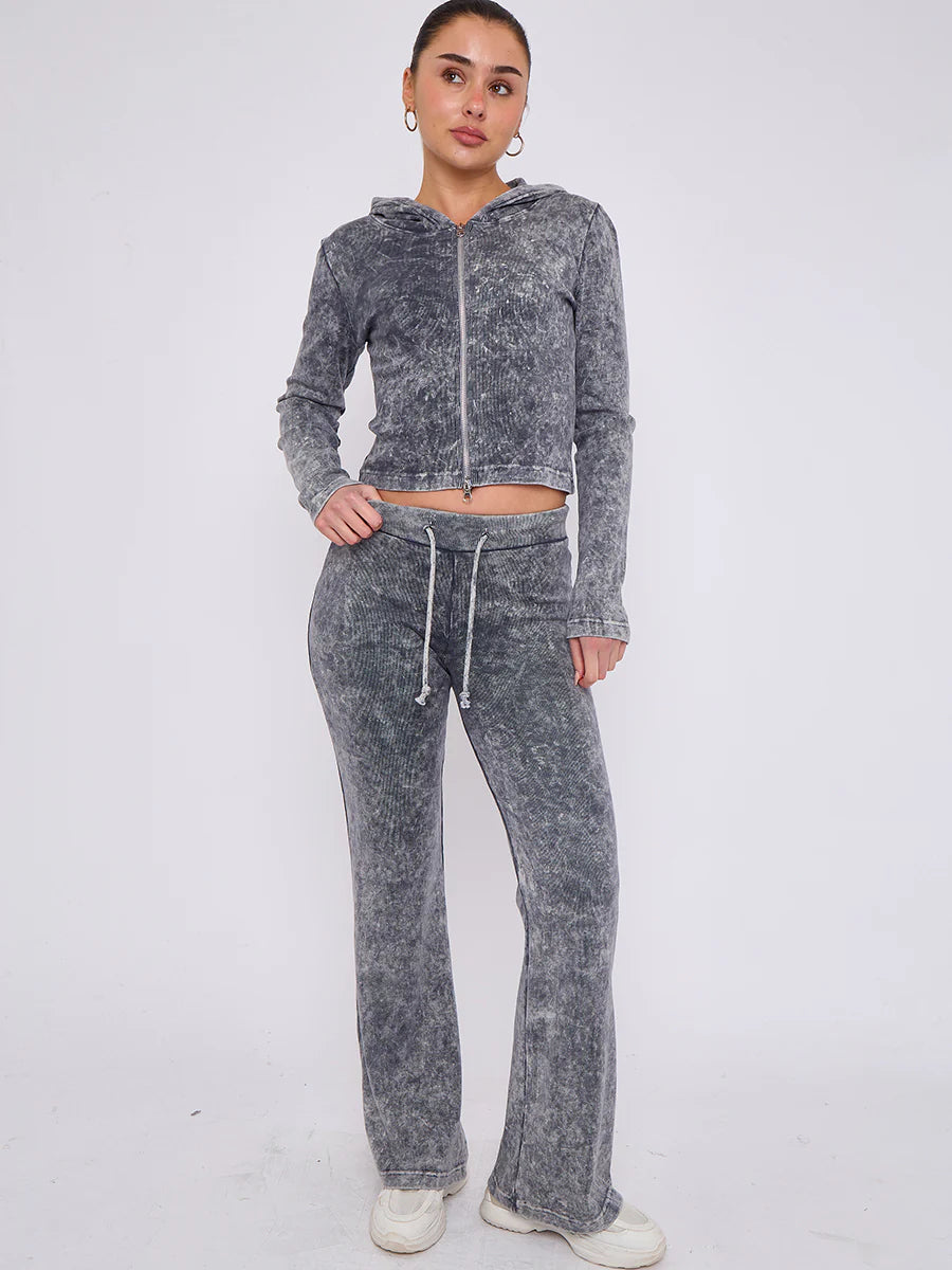 acid wash zip up hood ribbed flared trouser set grey