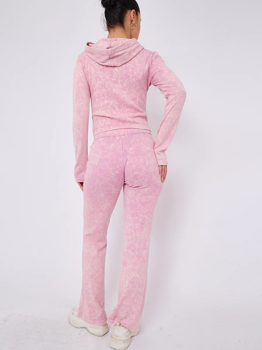 acid wash zip up hood ribbed flared trouser set pink rear