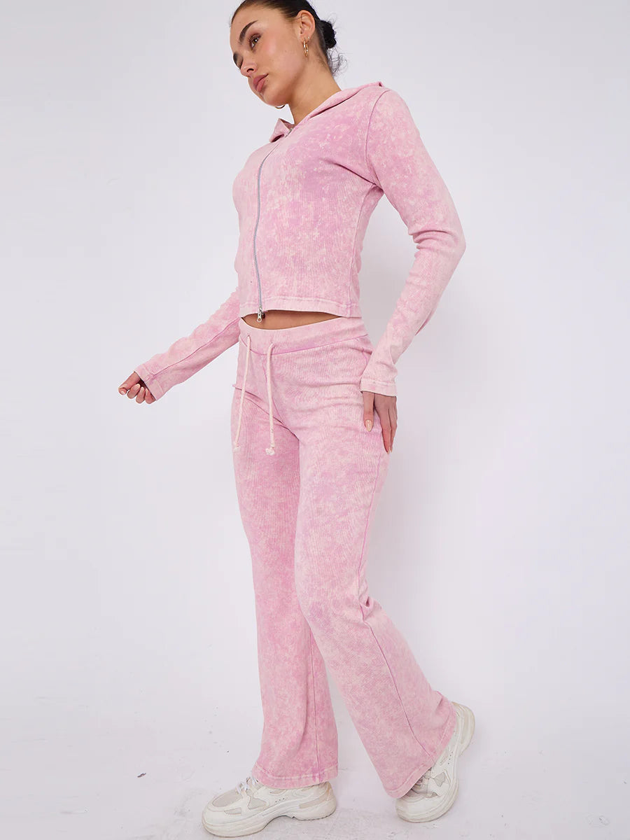 acid wash zip up hood ribbed flared trouser set pink side