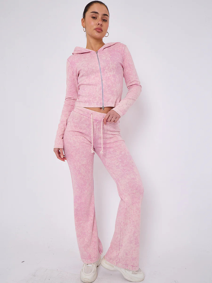 acid wash zip up hood ribbed flared trouser set pink