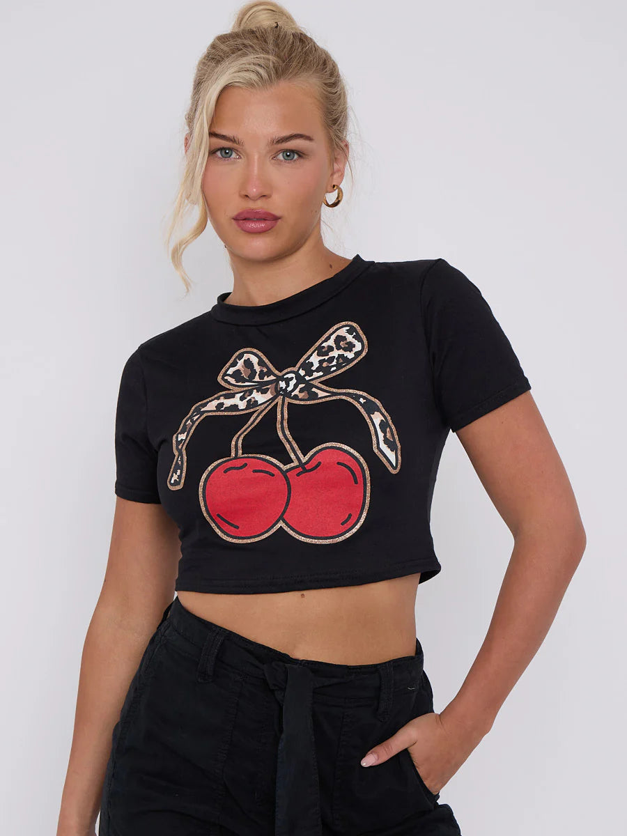 bow cherry graphic printed crop top