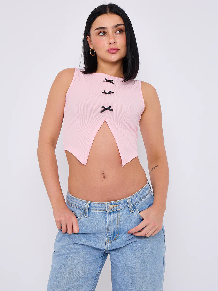 bow front detail ribbed crop top pink