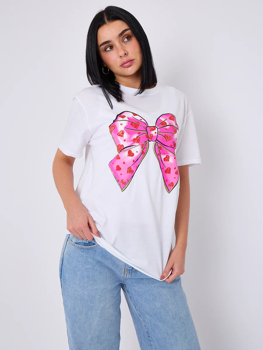 bow hearts graphic printed t-shirt white