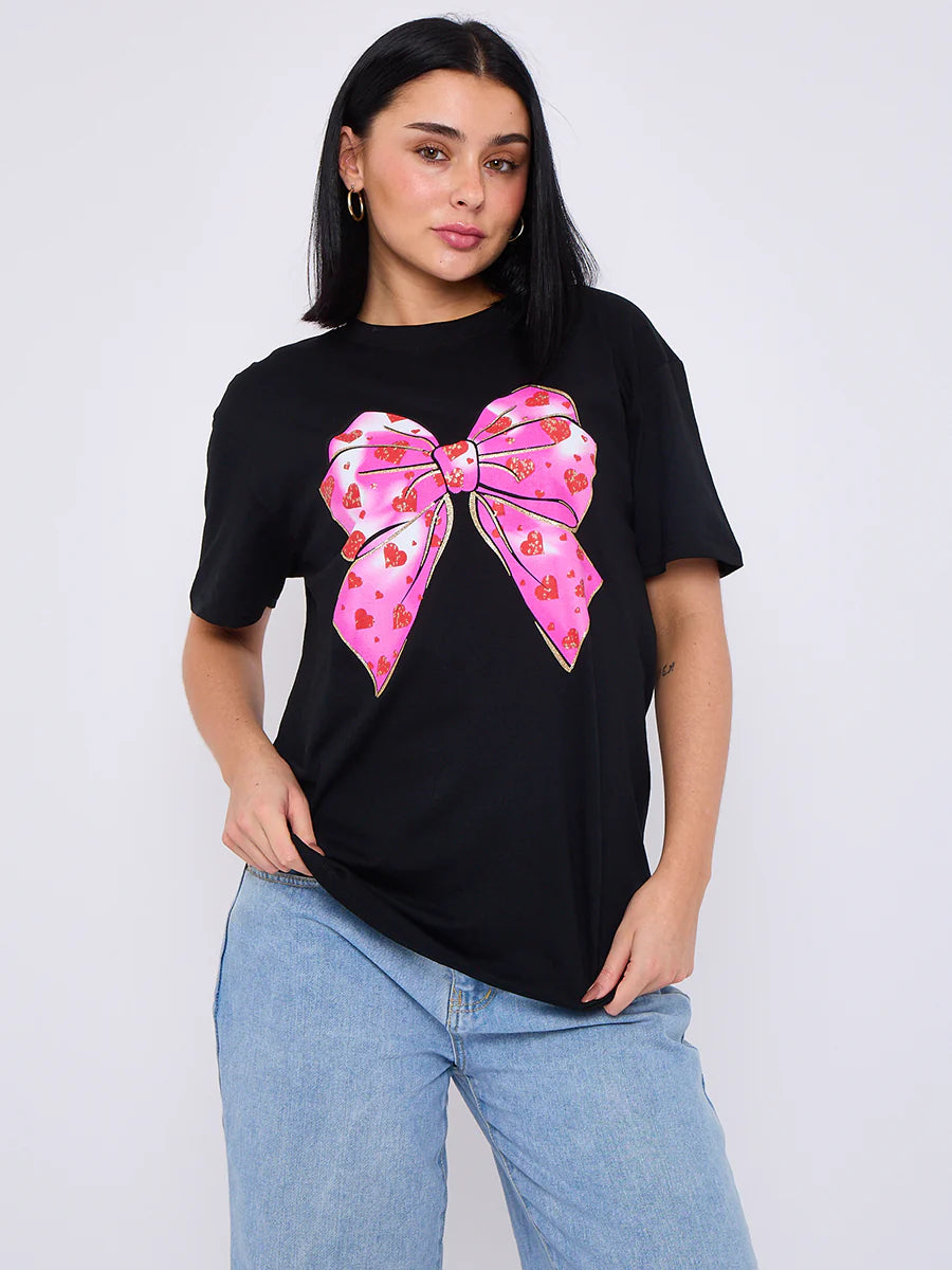 bow hearts graphic printed t-shirt