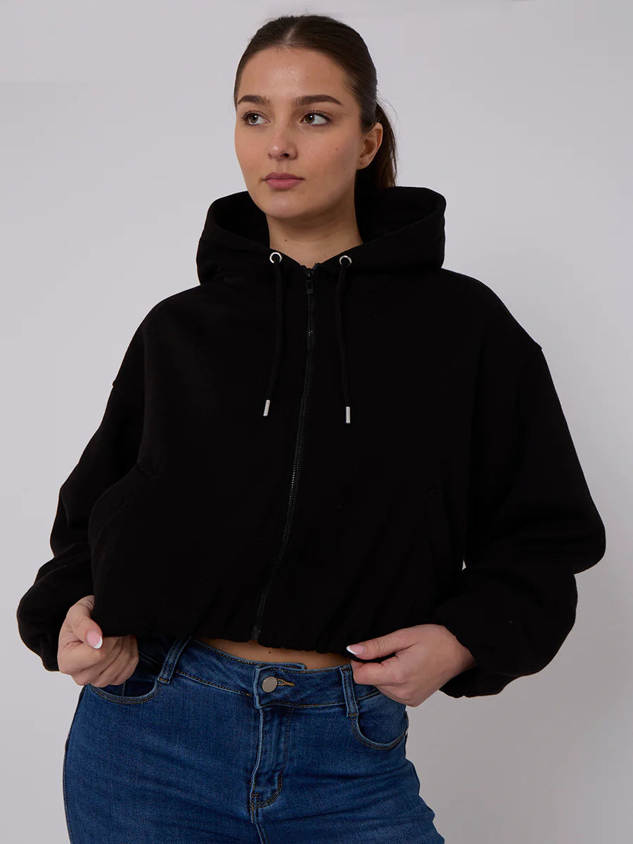 bubble hem cropped fleece lined jacket black