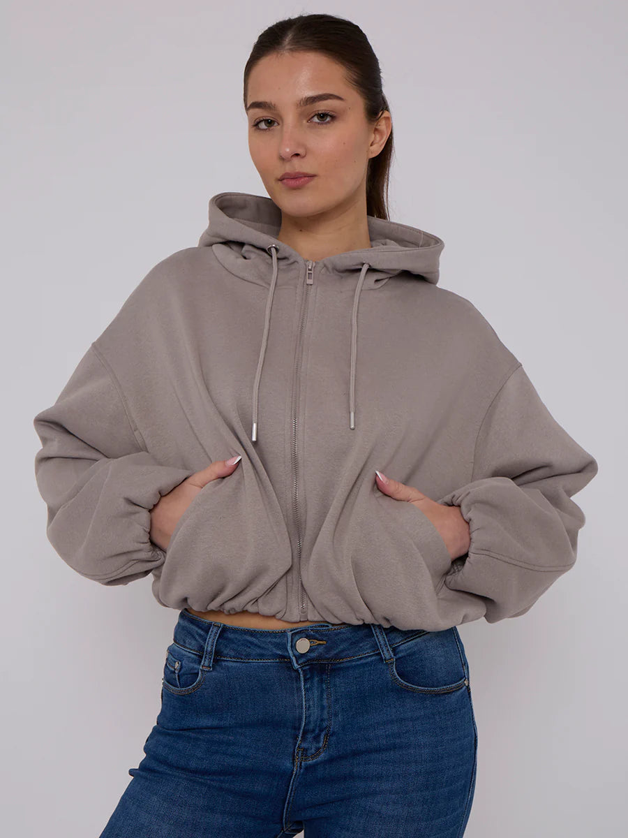 bubble hem cropped fleece lined jacket dove grey