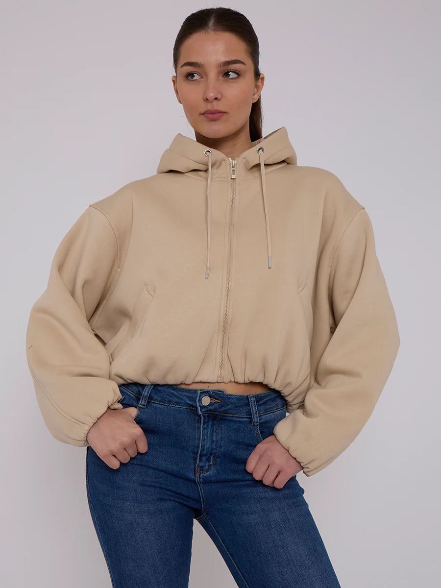 bubble hem cropped fleece lined jacket oatmeal