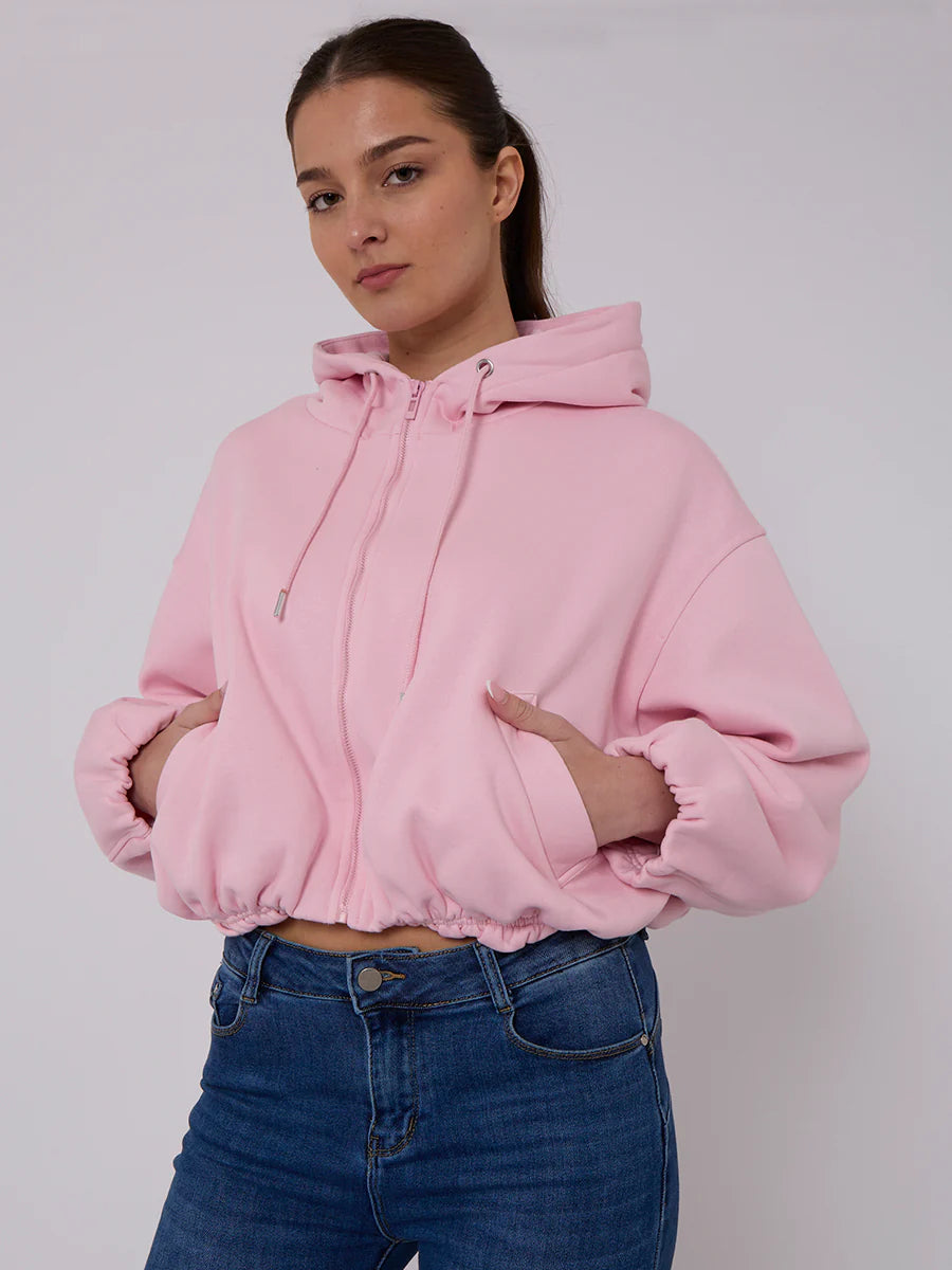 bubble hem cropped fleece lined jacket pink