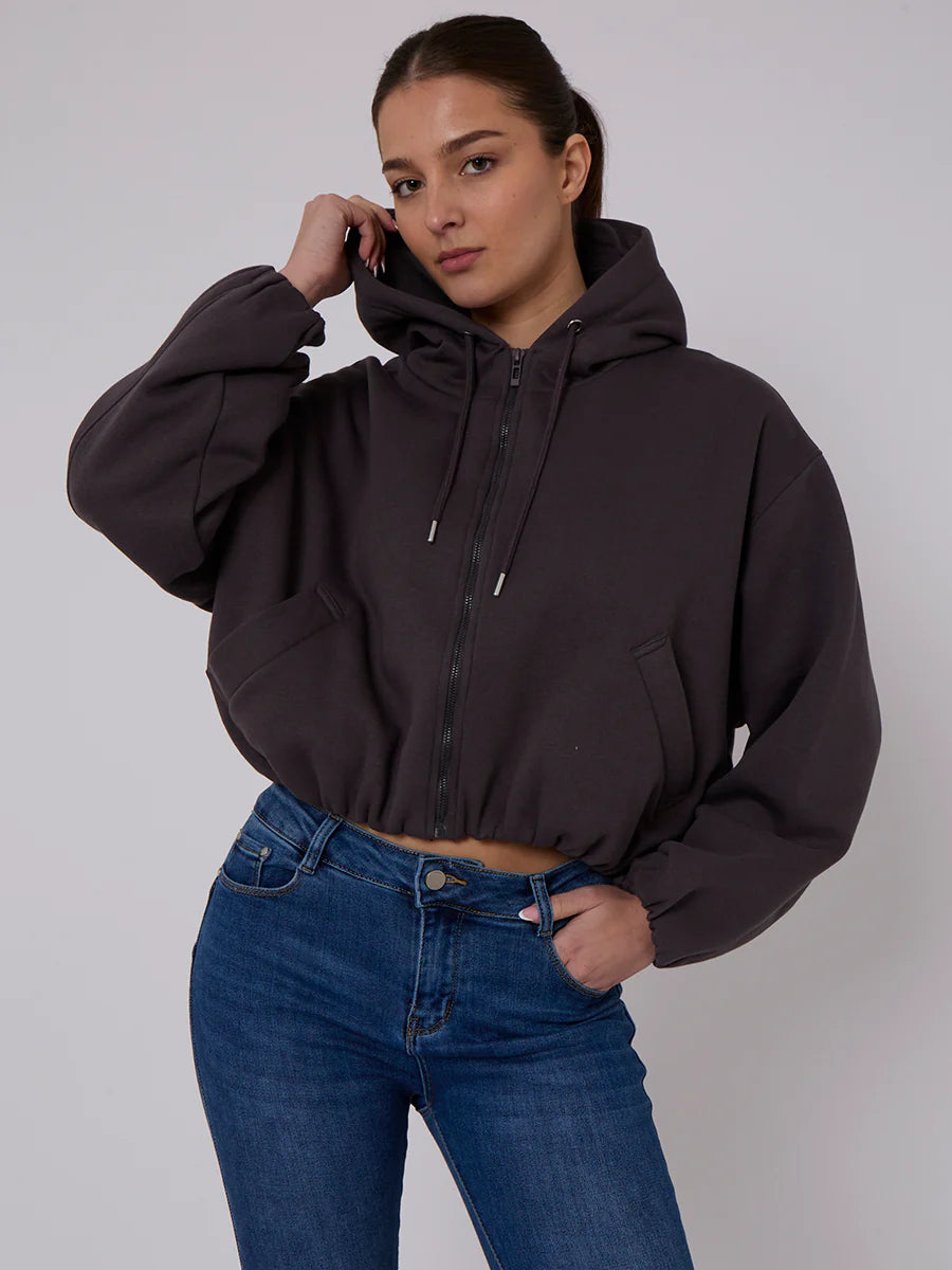 bubble hem cropped fleece lined jacket slate grey