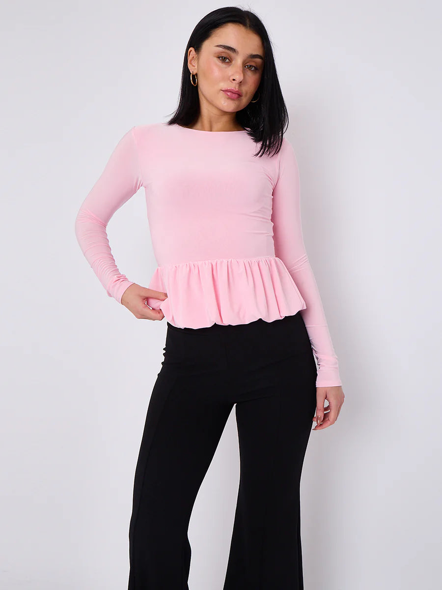 bubble hem slinky long sleeve top pink