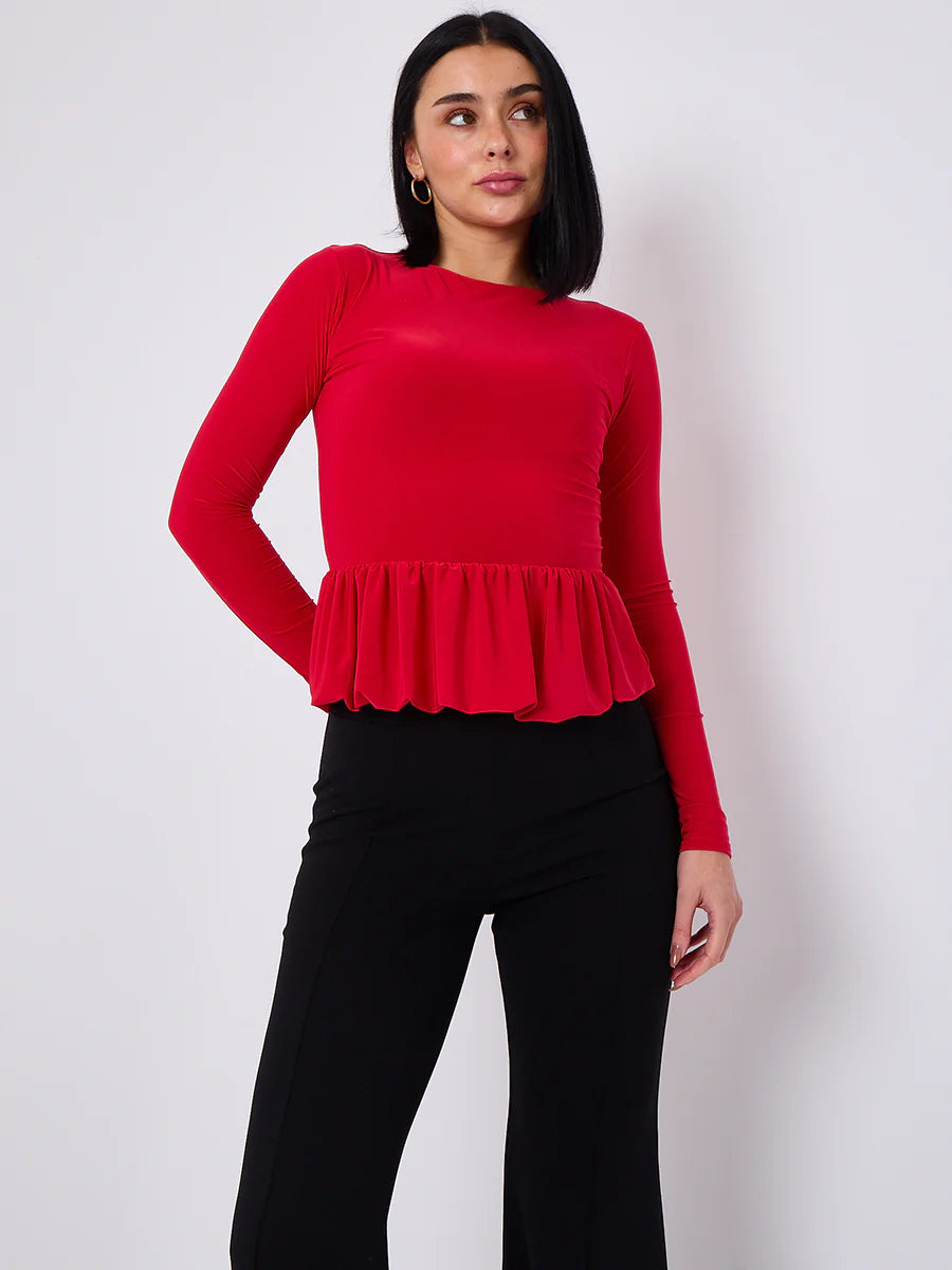 bubble hem slinky long sleeve top red