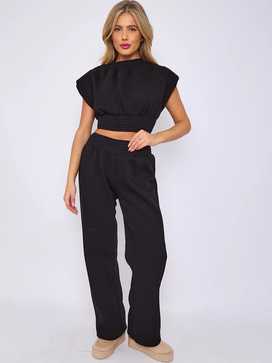 cap sleeve crop top wide leg trouser fleece co ord black alternate