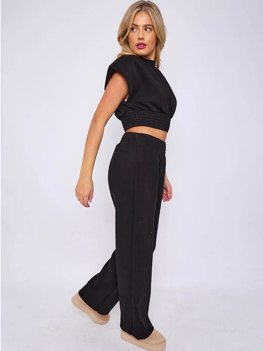 cap sleeve crop top wide leg trouser fleece co ord black side alternate