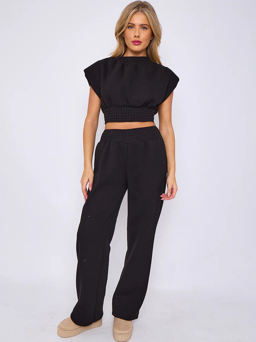 cap sleeve crop top wide leg trouser fleece co ord black