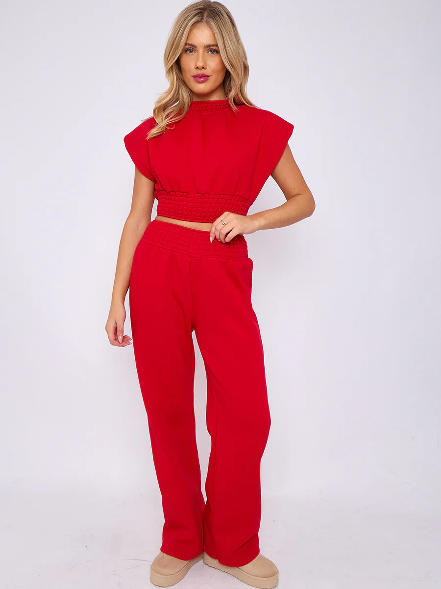 cap sleeve crop top wide leg trouser fleece co ord red alternate