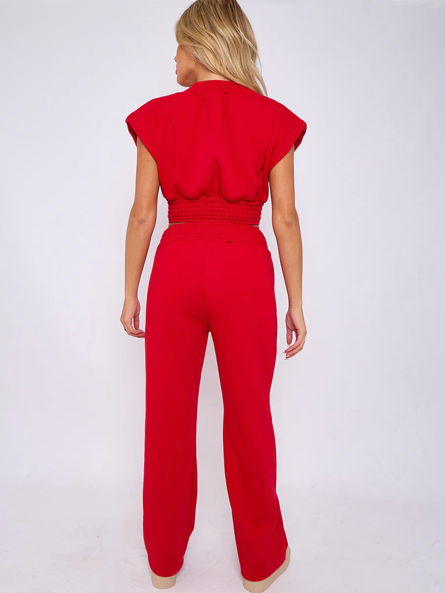 cap sleeve crop top wide leg trouser fleece co ord red rear