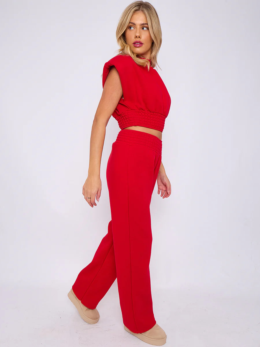 cap sleeve crop top wide leg trouser fleece co ord red side alternate