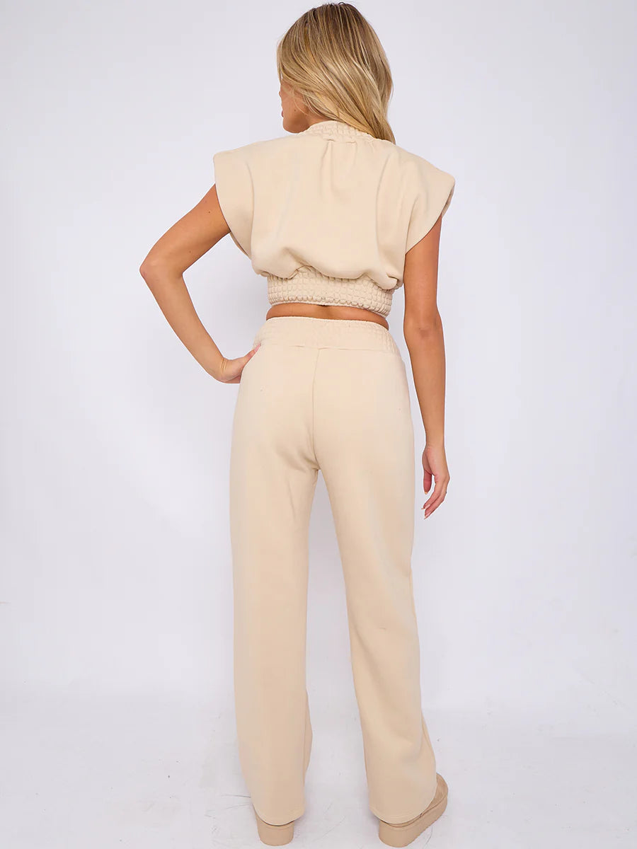 cap sleeve crop top wide leg trouser fleece co ord stone rear