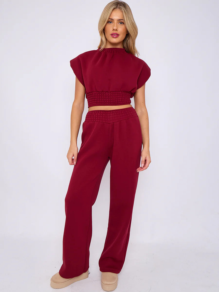 cap sleeve crop top wide leg trouser fleece co ord wine alternate