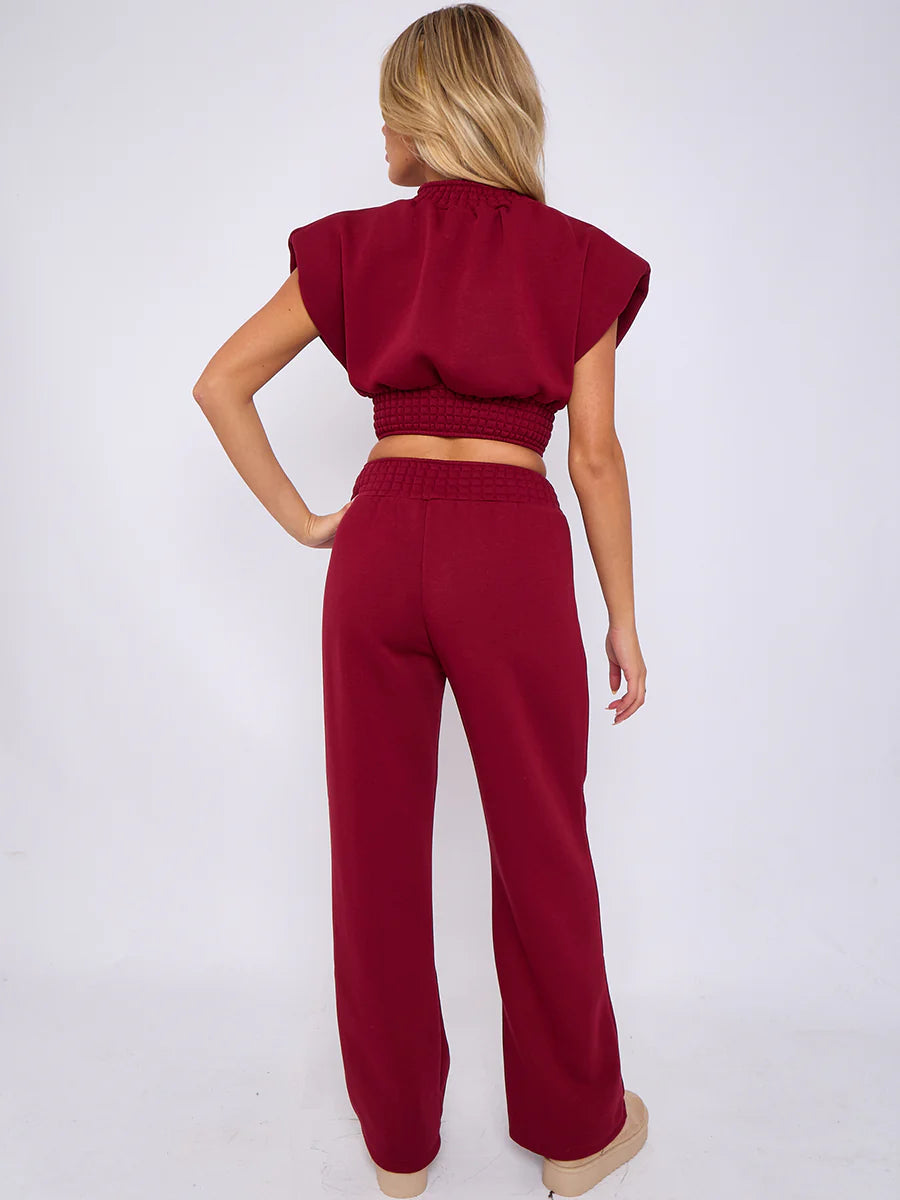 cap sleeve crop top wide leg trouser fleece co ord wine rear