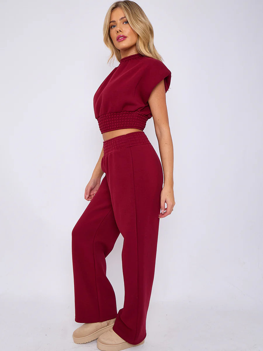 cap sleeve crop top wide leg trouser fleece co ord wine side alternate