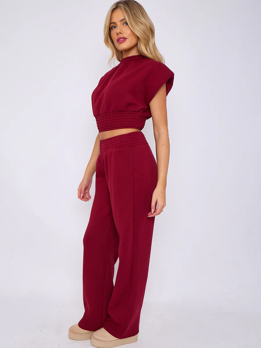 cap sleeve crop top wide leg trouser fleece co ord wine side