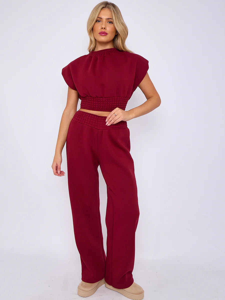 cap sleeve crop top wide leg trouser fleece co ord wine