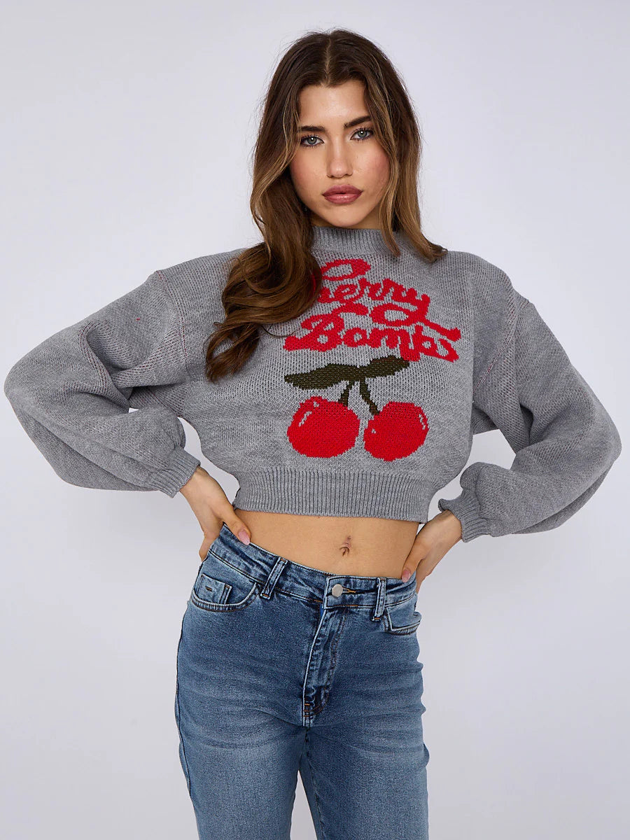 cherry bombs cropped knitted jumper grey