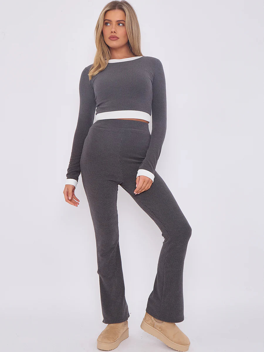 contract trim ribbed crop top side split trouser co ord charcoal alternate