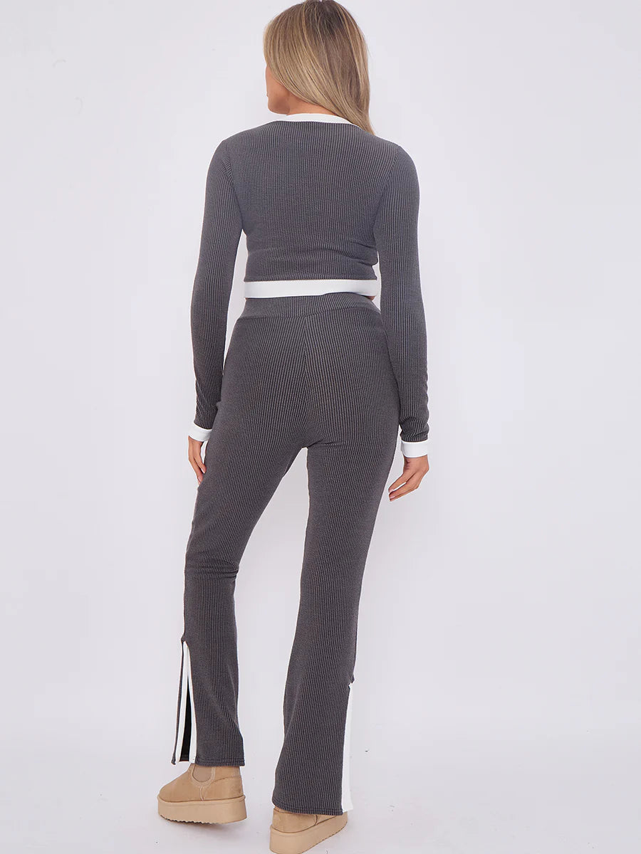 contract trim ribbed crop top side split trouser co ord charcoal rear