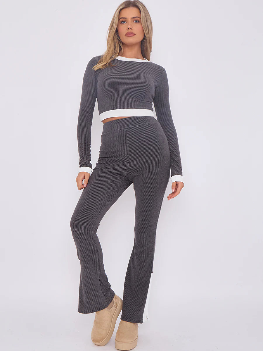 contract trim ribbed crop top side split trouser co ord charcoal