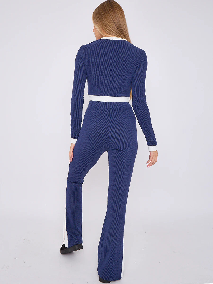 contract trim ribbed crop top side split trouser co ord navy rear