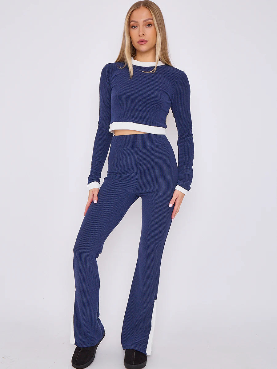 contract trim ribbed crop top side split trouser co ord navy