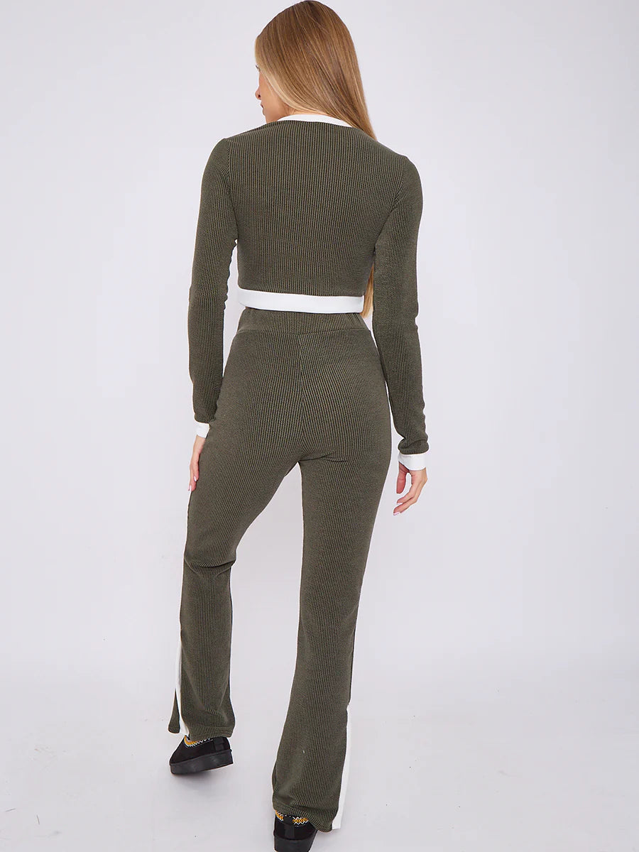 contract trim ribbed crop top side split trouser co ord olive rear