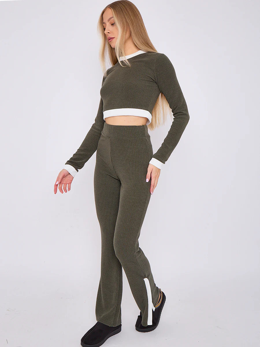 contract trim ribbed crop top side split trouser co ord olive side