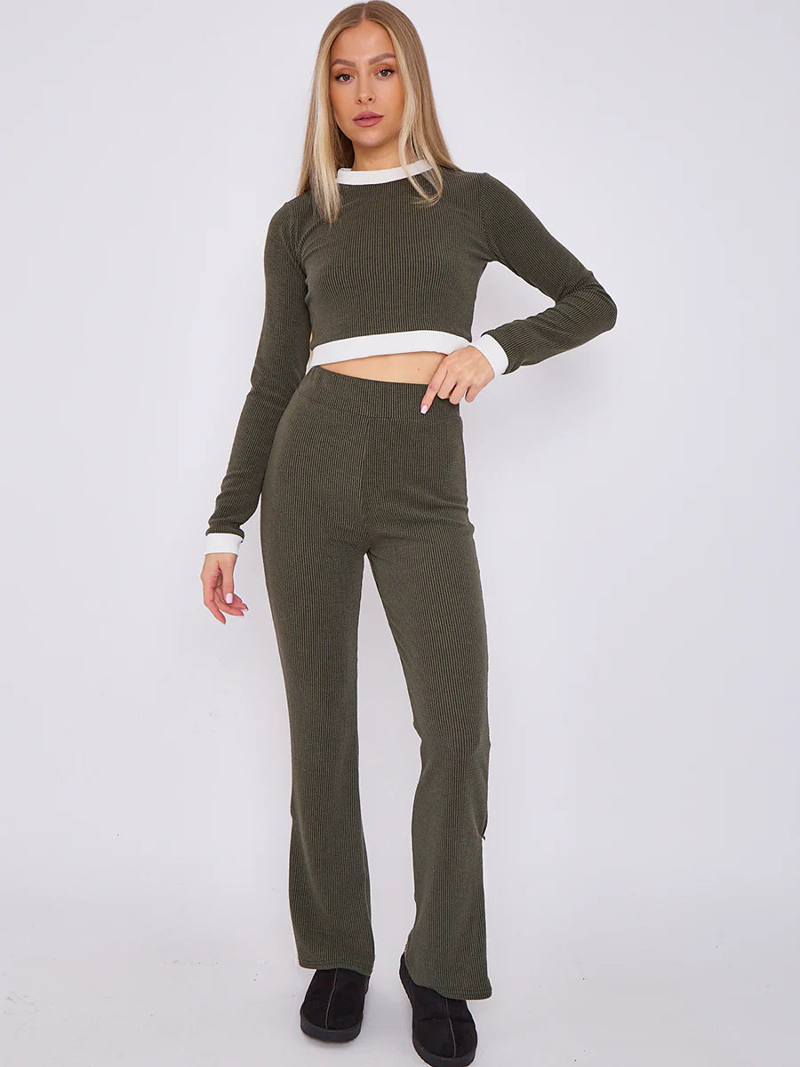 contract trim ribbed crop top side split trouser co ord olive