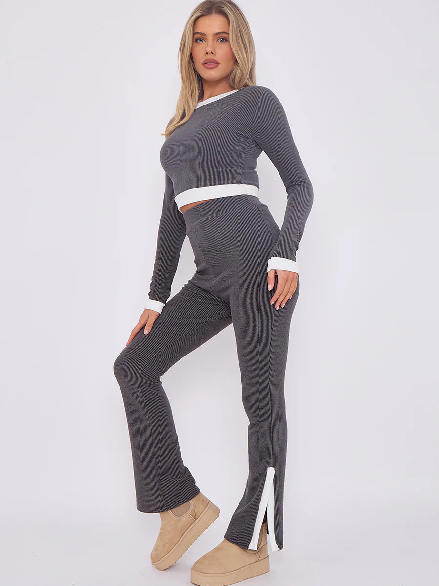 contract trim ribbed crop top side split trouser co ord side