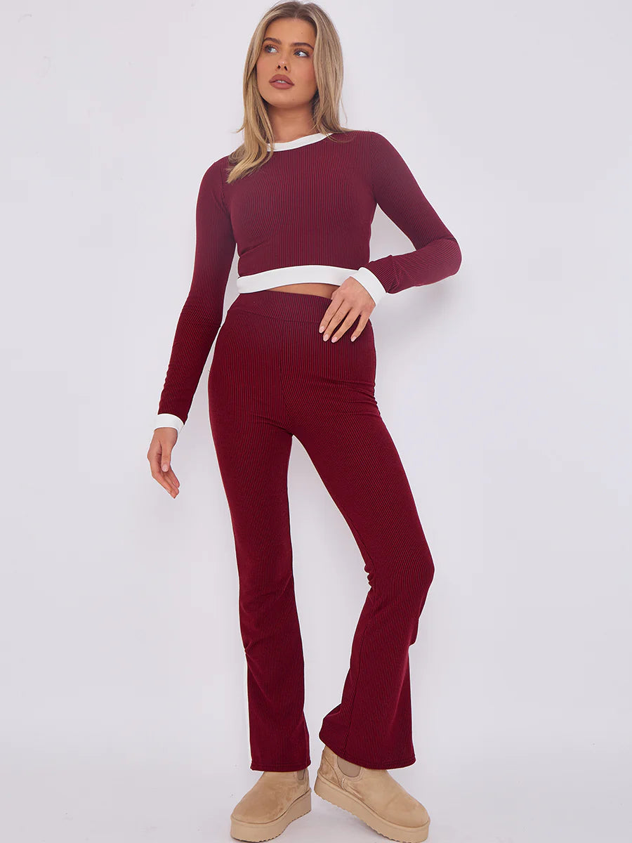 contract trim ribbed crop top side split trouser co ord wine alternate